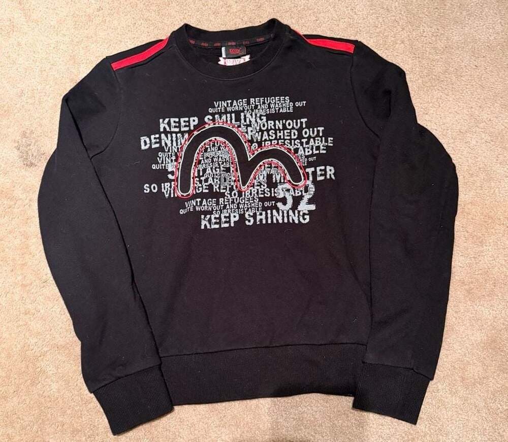 Evisu Black Crewneck Sweatshirt with Red Logo Embroidery and Text Graphic size s